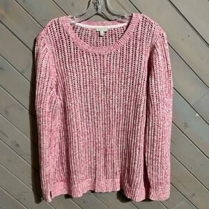 Talbots Petite Pink White Open Knit Crew Neck Long Sleeve Sweater Top XL Petite